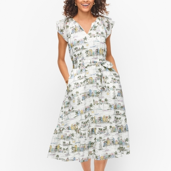 Talbots Dresses & Skirts - Talbots Ruffle Fit & Flare Dress Scenic Curacao Beach Palm 100% Cotton Women's 6